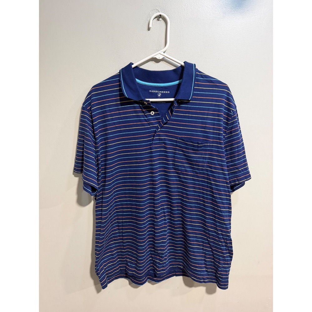 Saddlebred Mens Blue Striped Short Sleeve Pocket Polo Shirt Large